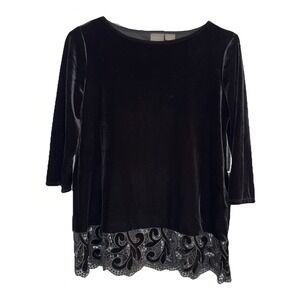 Chico's Woman's Travelers Velvet Lace Mid Top Blouse Size SP 3/4 Sleeves Black